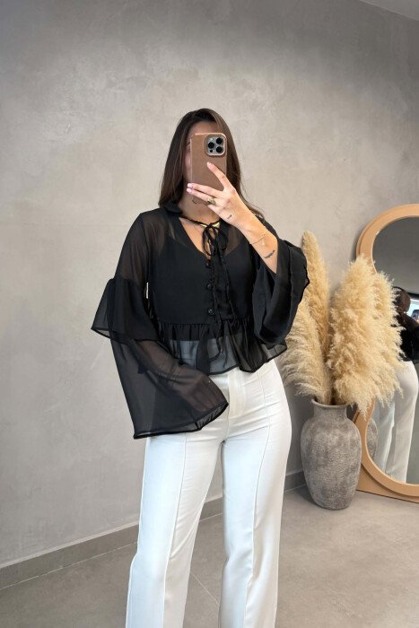 ONE COLOR LACING DETAILS WOMAN SHIRT BLACK/ E ZEZE - KLAUDIO FASHION