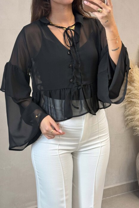 ONE COLOR LACING DETAILS WOMAN SHIRT BLACK/ E ZEZE - 2