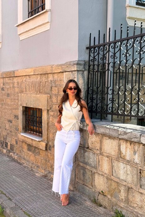 ONE COLOR LACING DETAILS WOMAN VEST CREAM/KREM - 1