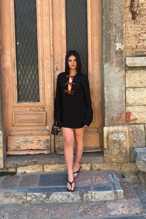ONE COLOR LACING DETAILS WOMEN DRESS BLACK/ E ZEZE - 2