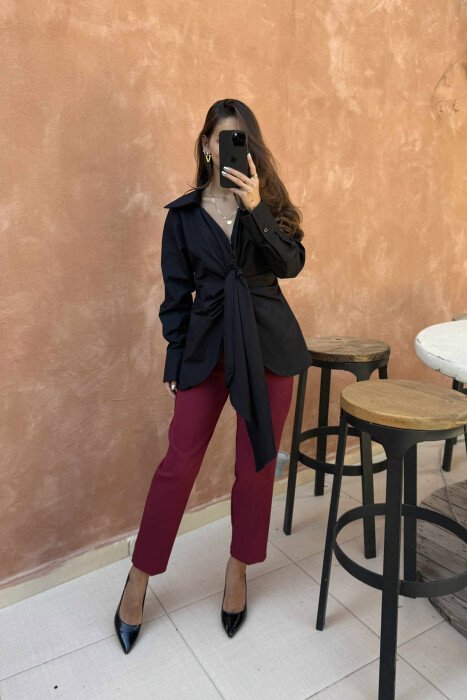 ONE COLOR LACING FRONT DETAIL WOMEN SHIRT BLACK/ E ZEZE - 2