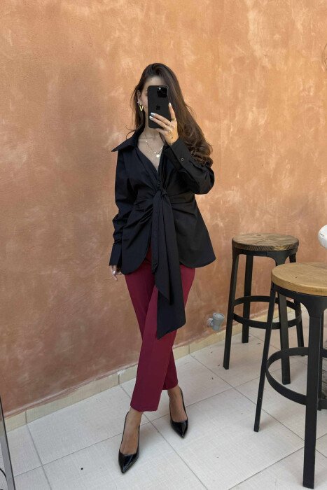 ONE COLOR LACING FRONT DETAIL WOMEN SHIRT BLACK/ E ZEZE - 3