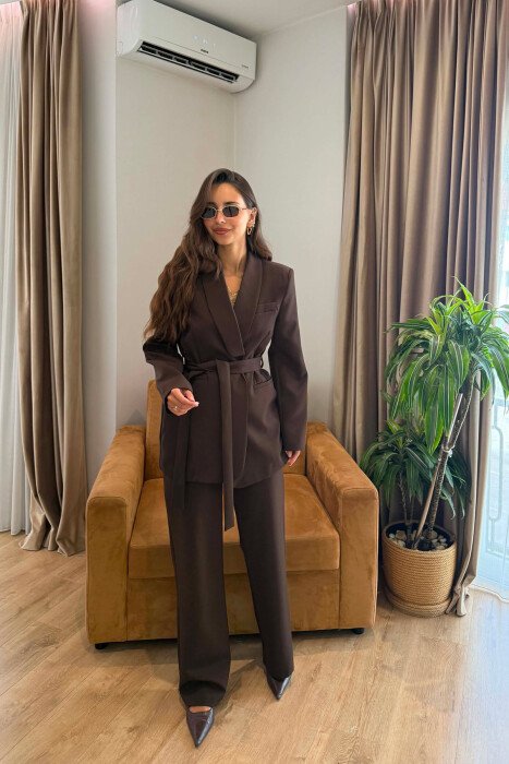 ONE COLOR LACING JACKET + TROUSERS WOMAN SET BROWN/KAFE - KLAUDIO FASHION