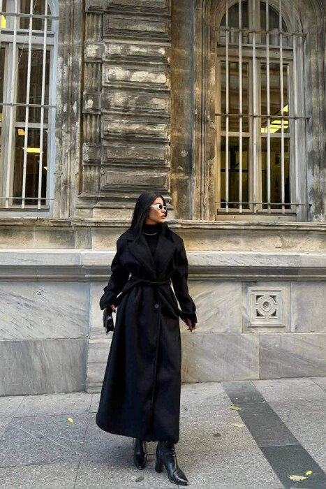 ONE COLOR LACING LONG WOMEN COAT BLACK/ E ZEZE - 2