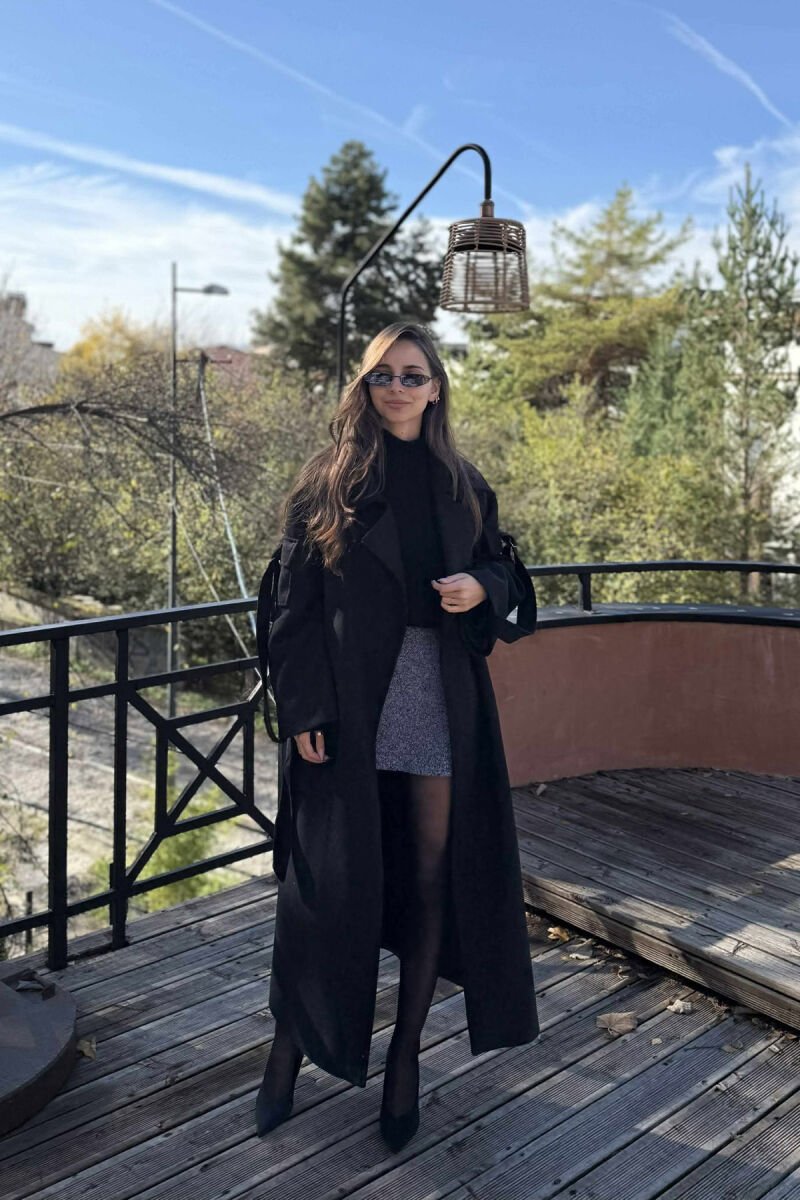 ONE COLOR LACING LONG WOMEN COAT BLACK/ E ZEZE - 6