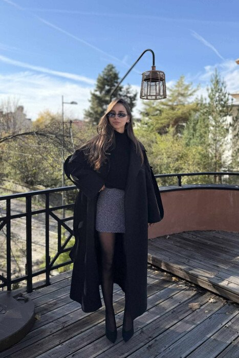 ONE COLOR LACING LONG WOMEN COAT BLACK/ E ZEZE 