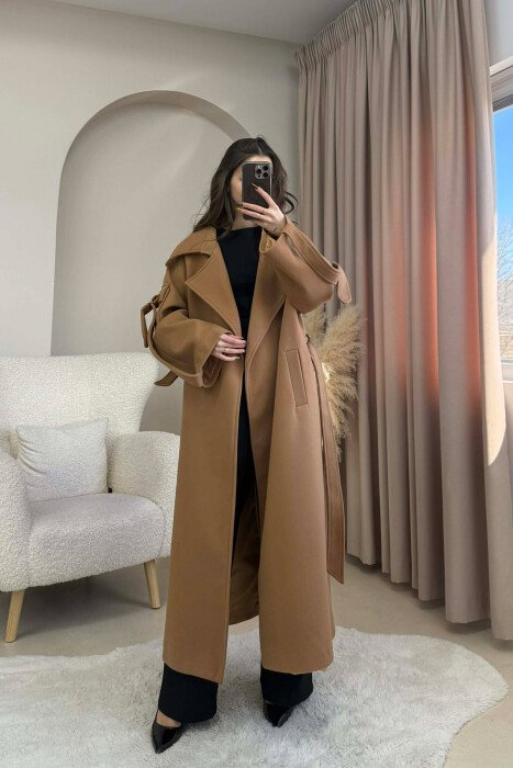 ONE COLOR LACING LONG WOMEN COAT BROWN/KAFE - KLAUDIO FASHION