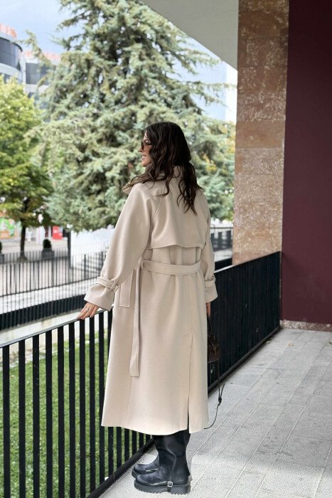 ONE COLOR LACING LONG WOMEN COAT CREAM/KREM - 2