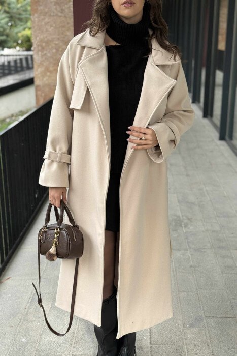 ONE COLOR LACING LONG WOMEN COAT CREAM/KREM - 3