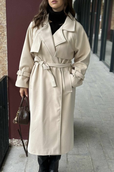 ONE COLOR LACING LONG WOMEN COAT CREAM/KREM - 5