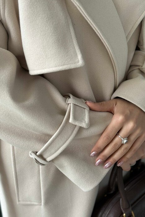 ONE COLOR LACING LONG WOMEN COAT CREAM/KREM - 7
