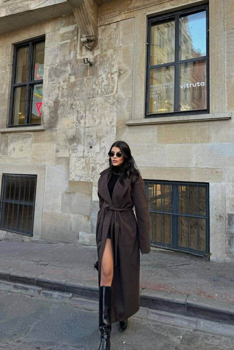 ONE COLOR LACING LONG WOMEN COAT DARK BROWN/KAE 