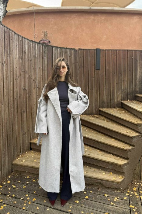 ONE COLOR LACING LONG WOMEN COAT LIGHT GREY/GZ 