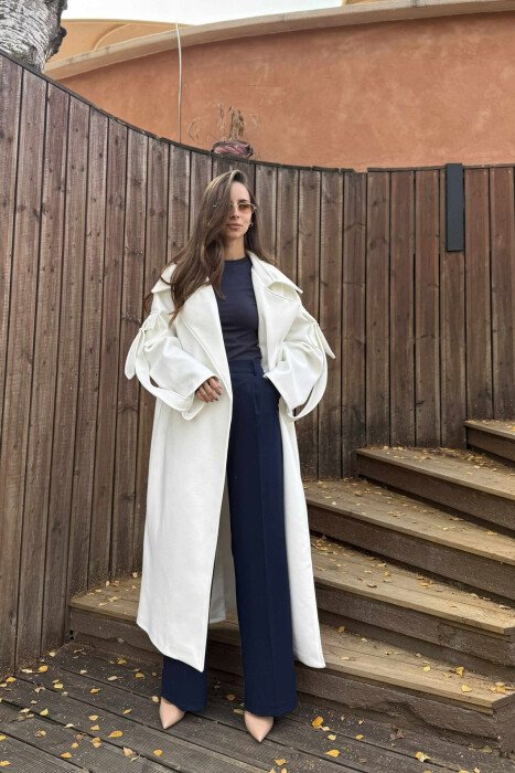 ONE COLOR LACING LONG WOMEN COAT WHITE-E BARDHE 