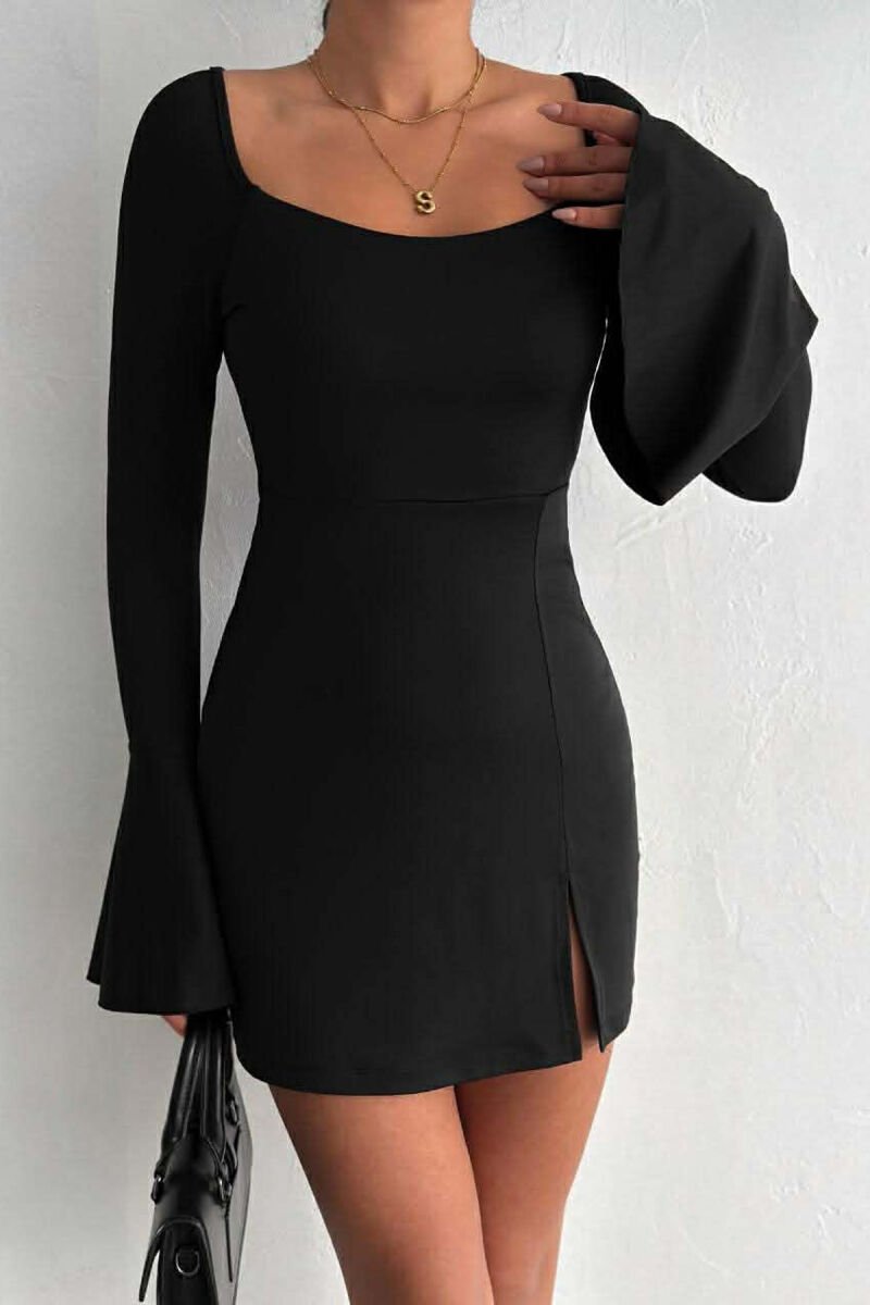 ONE COLOR LACING NECK LONG SLEEVES WOMAN DRESS BLACK/ E ZEZE - 1