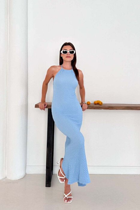 ONE COLOR LACING NECK WOMEN DRESS BABY BLUE/BLU BY - 