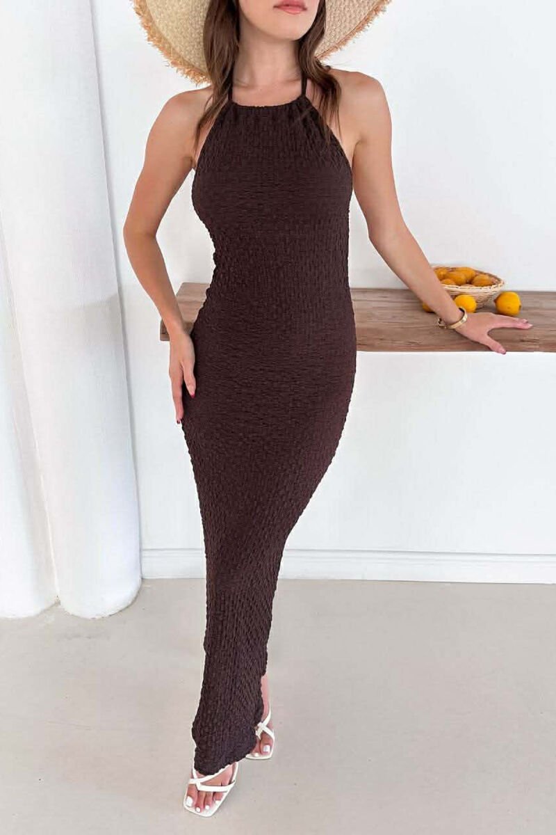 ONE COLOR LACING NECK WOMEN DRESS BROWN/KAFE - 2