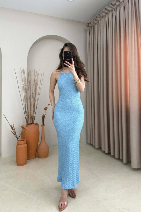 ONE COLOR LACING NECK WOMEN DRESS LIGHTBLUE/BZ - 1