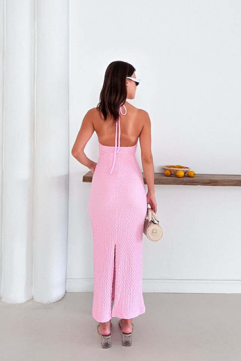 ONE COLOR LACING NECK WOMEN DRESS PINK/ROZE - 2