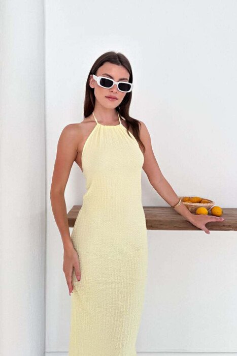 ONE COLOR LACING NECK WOMEN DRESS YELLOW/E VERDHE - 