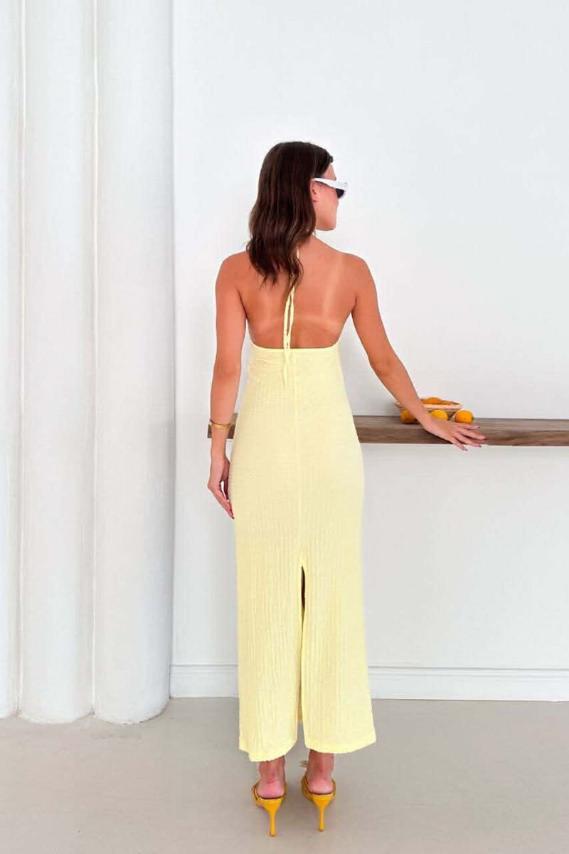 ONE COLOR LACING NECK WOMEN DRESS YELLOW/E VERDHE - 2