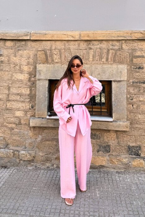 ONE COLOR LACING SHIRT DETAIL + TROUSERS WOMAN SET BABY PINK/ROZB - 1
