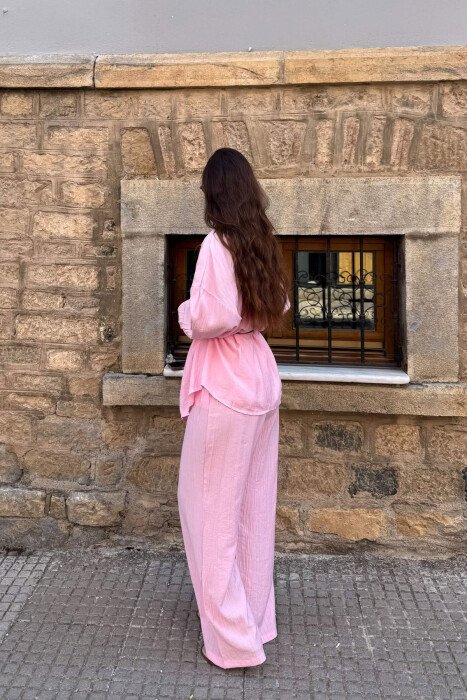 ONE COLOR LACING SHIRT DETAIL + TROUSERS WOMAN SET BABY PINK/ROZB - 5