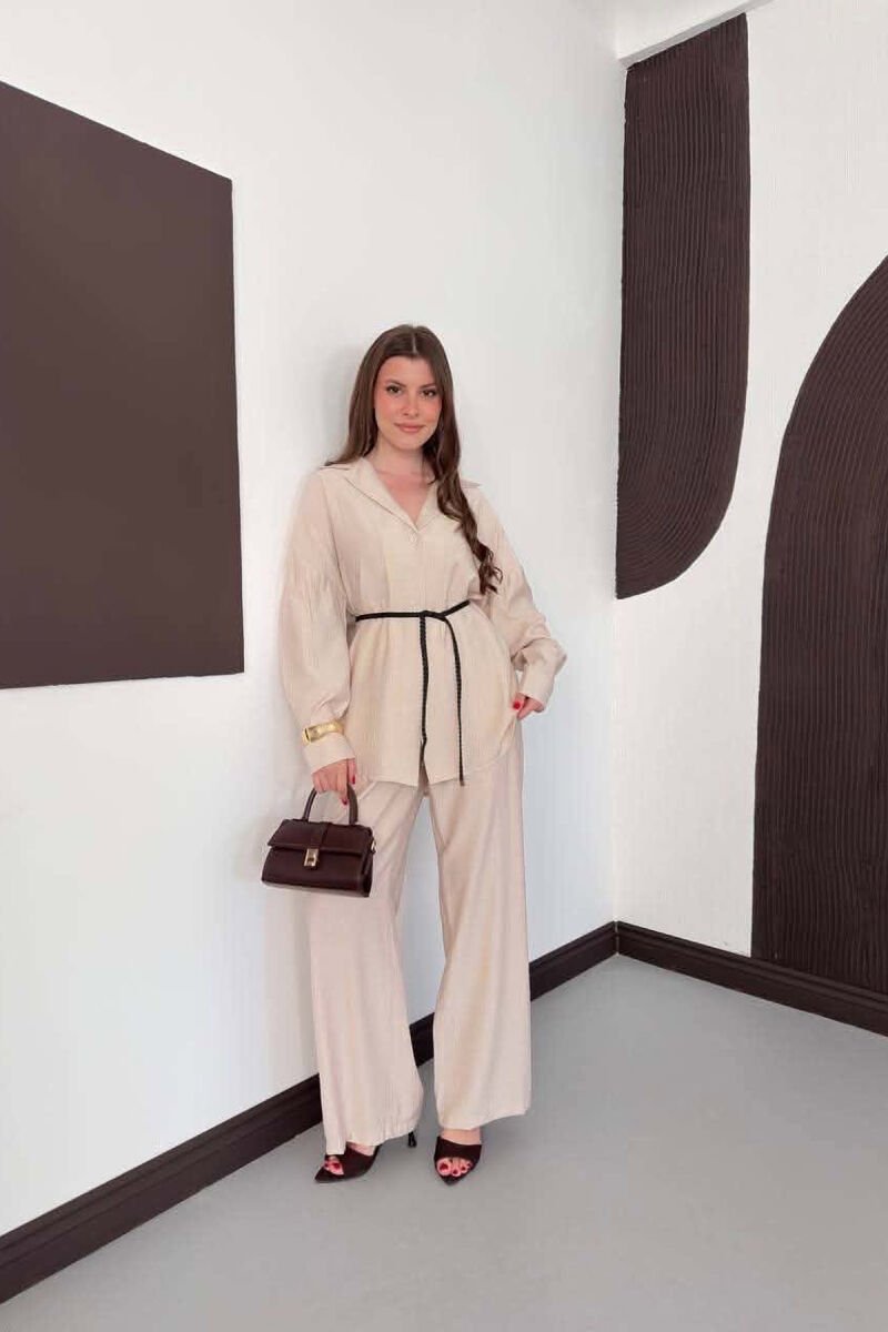 ONE COLOR LACING SHIRT DETAIL + TROUSERS WOMAN SET BEIGE/BEZHE - 2