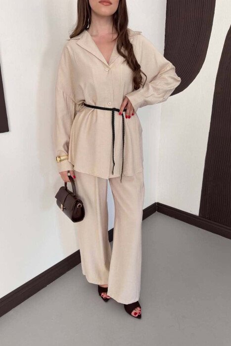 ONE COLOR LACING SHIRT DETAIL + TROUSERS WOMAN SET BEIGE/BEZHE - 3