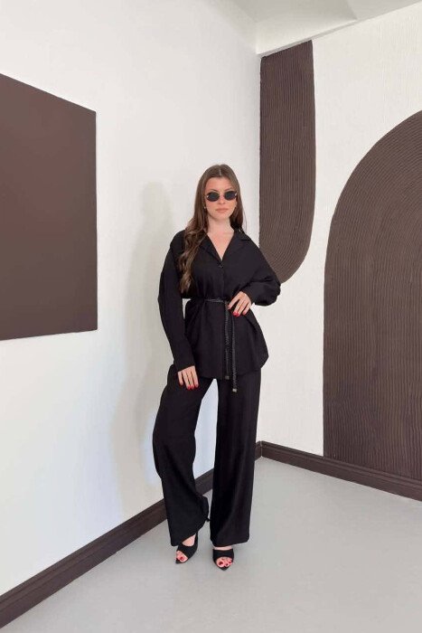 ONE COLOR LACING SHIRT DETAIL + TROUSERS WOMAN SET BLACK/ E ZEZE 