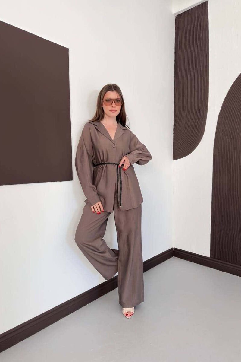 ONE COLOR LACING SHIRT DETAIL + TROUSERS WOMAN SET BROWN/KAFE - 2