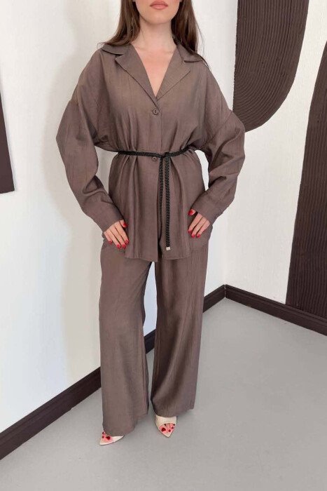 ONE COLOR LACING SHIRT DETAIL + TROUSERS WOMAN SET BROWN/KAFE - 3