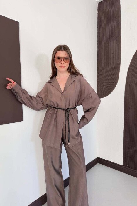 ONE COLOR LACING SHIRT DETAIL + TROUSERS WOMAN SET BROWN/KAFE - 4