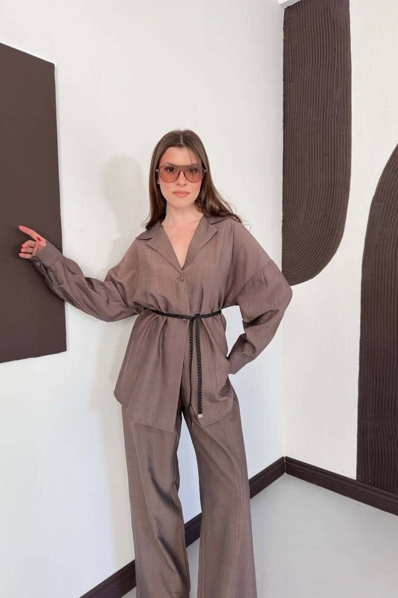 ONE COLOR LACING SHIRT DETAIL + TROUSERS WOMAN SET BROWN/KAFE - 4