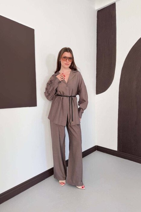 ONE COLOR LACING SHIRT DETAIL + TROUSERS WOMAN SET BROWN/KAFE - 5