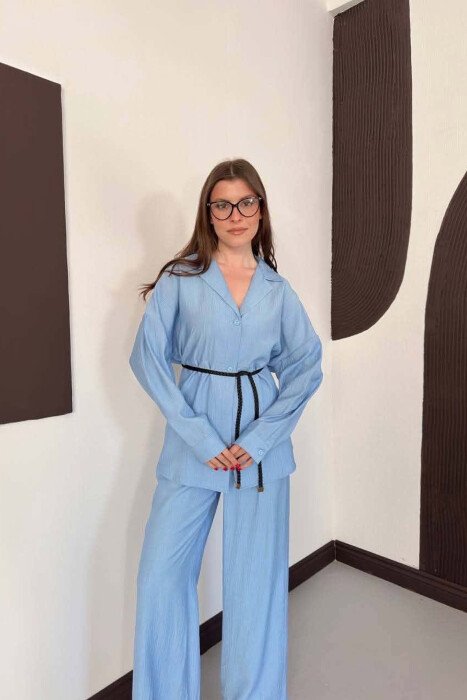 ONE COLOR LACING SHIRT DETAIL + TROUSERS WOMAN SET LIGHTBLUE/BZ - 5
