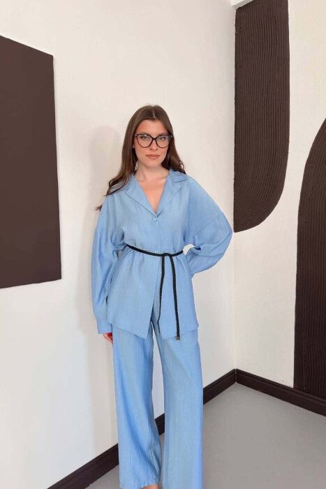 ONE COLOR LACING SHIRT DETAIL + TROUSERS WOMAN SET LIGHTBLUE/BZ - 7