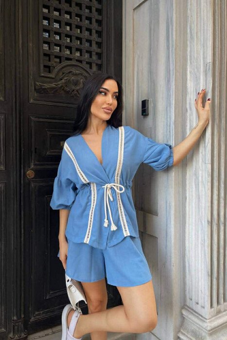 ONE COLOR LACING SHIRT + SHORTS WOMAN TWO PIECE SET BLUE/BLU - 6