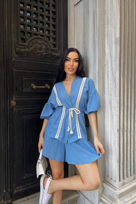 ONE COLOR LACING SHIRT + SHORTS WOMAN TWO PIECE SET BLUE/BLU - 7