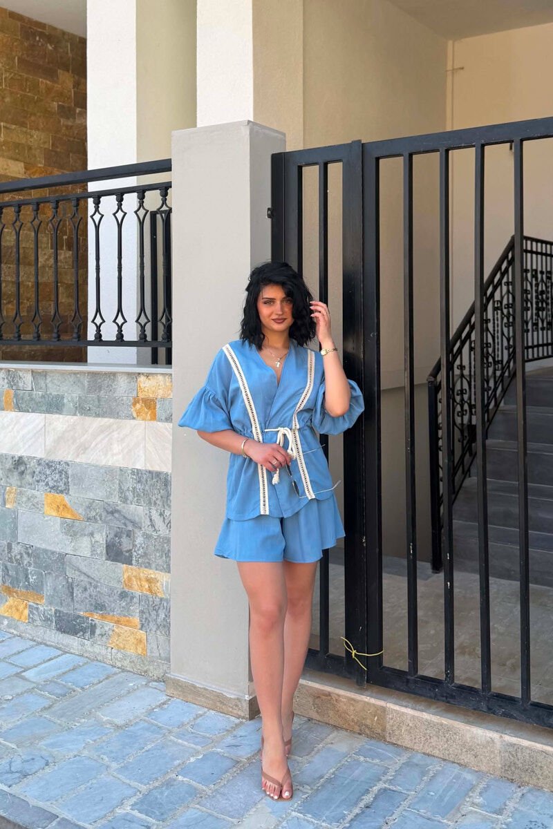 ONE COLOR LACING SHIRT + SHORTS WOMAN TWO PIECE SET BLUE/BLU - 1