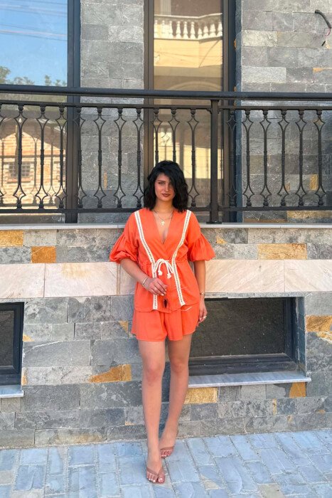 ONE COLOR LACING SHIRT + SHORTS WOMAN TWO PIECE SET ORANGE/PORTOKALLI - 1