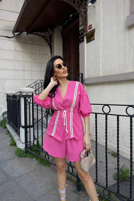 ONE COLOR LACING SHIRT + SHORTS WOMAN TWO PIECE SET PINK/ROZE - 6