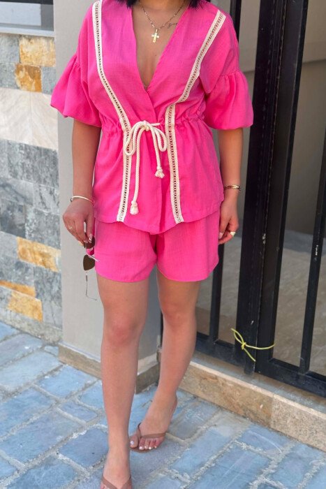 ONE COLOR LACING SHIRT + SHORTS WOMAN TWO PIECE SET PINK/ROZE - 4