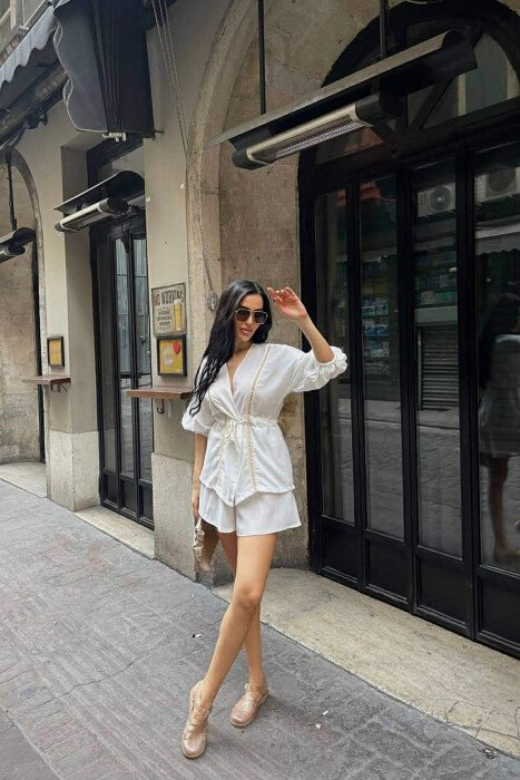 ONE COLOR LACING SHIRT + SHORTS WOMAN TWO PIECE SET WHITE-E BARDHE - 2