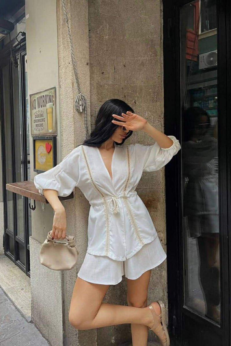 ONE COLOR LACING SHIRT + SHORTS WOMAN TWO PIECE SET WHITE-E BARDHE - 3