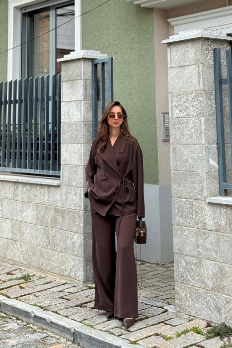 ONE COLOR LACING SHIRT + TROUSERS WOMAN SET BROWN/KAFE - KLAUDIO FASHION