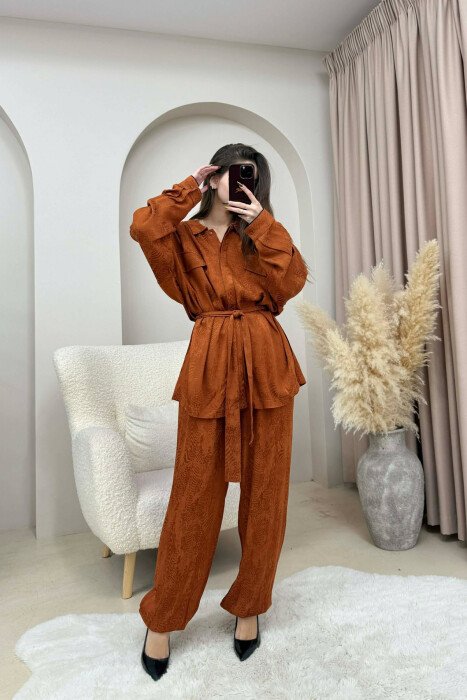 ONE COLOR LACING SHIRT+ TROUSERS WOMEN SET BRICK/TULLE 