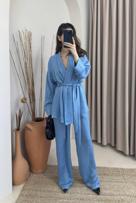ONE COLOR LACING SHIRT+TROUSERS WOMEN SET LIGHTBLUE/BZ - KLAUDIO FASHION