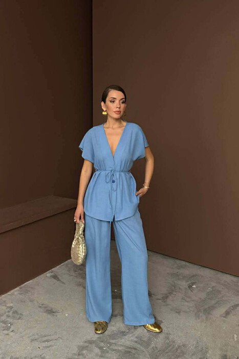 ONE COLOR LACING SHORT SLEEVE SHIRT + TROUSERS WOMEN SET BLUE/BLU - 1