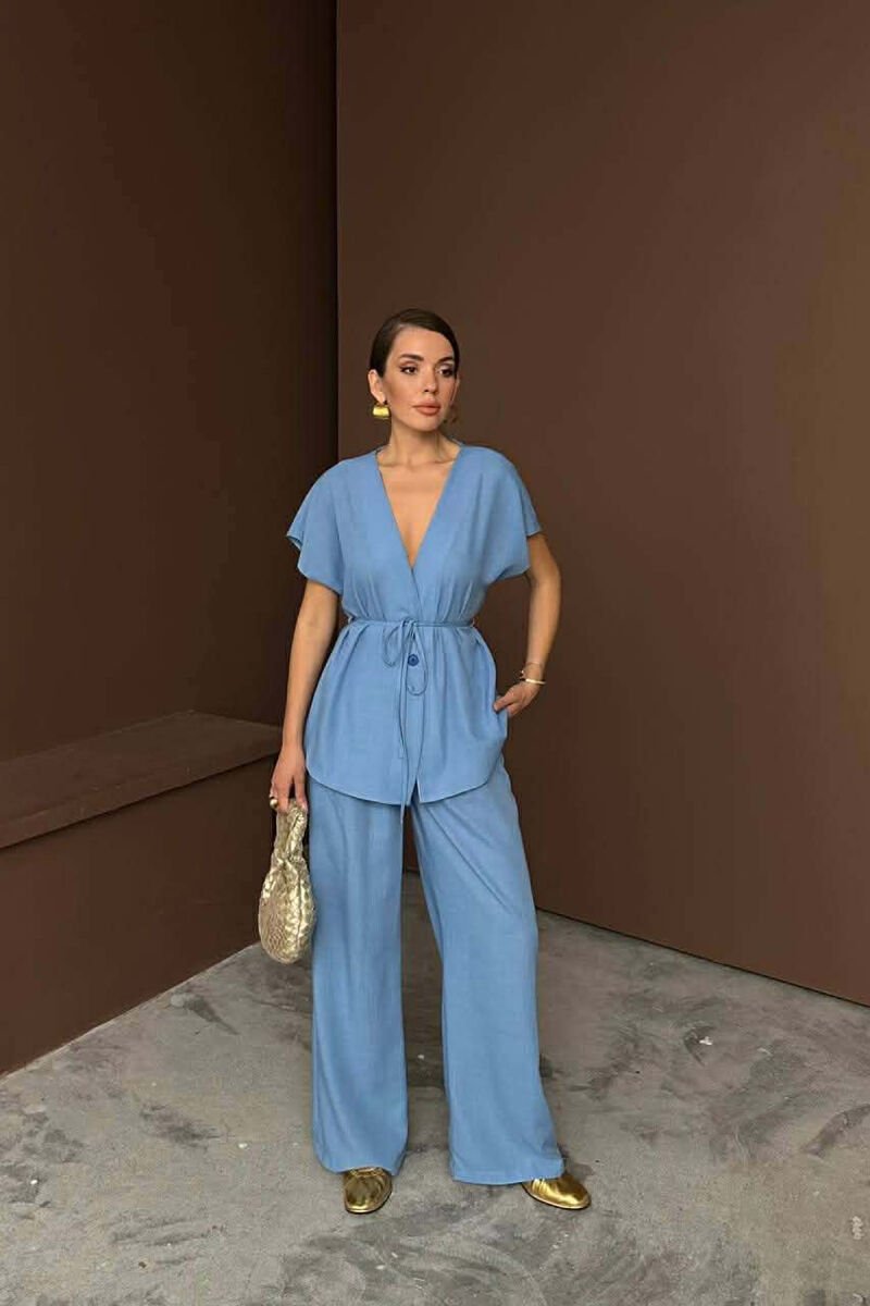 ONE COLOR LACING SHORT SLEEVE SHIRT + TROUSERS WOMEN SET BLUE/BLU - 1